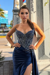 Sparkling Dark Navy V-Neck Strapless Sleeveless Satin Prom Dresses High Split Beads With Ruffles-Ballbella