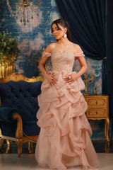 Sparkling Sweetheart Off-The-Shoulder Organza Prom Dresses Sheath Long With Gem-Ballbella