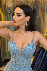 Sparkling V-Neck Spaghetti-Straps Sleeveless Satin Lace Prom Dress Sheath With Beads-Ballbella