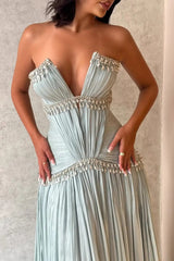 Sparkling V-Neck Strapless Sleeveless Prom Dress A-Line Gem With Pleats-Ballbella