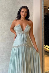 Sparkling V-Neck Strapless Sleeveless Prom Dress A-Line Gem With Pleats-Ballbella