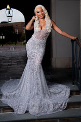 Sparkling V-Neck Straps Sleeveless Mermaid Prom Dresses Column Gem With Beads-Ballbella