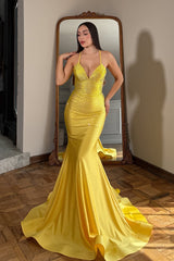 Sparkling Yellow Halter Sleeveless V-Neck Prom Dress Mermaid Gem With Lace-Up Back-Ballbella