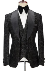Sparkly Black Three Pieces Shawl Lapel Bespoke Wedding Suit for Men-Ballbella