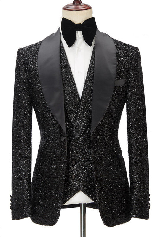 Sparkly Black Three Pieces Shawl Lapel Bespoke Wedding Suit for Men-Ballbella