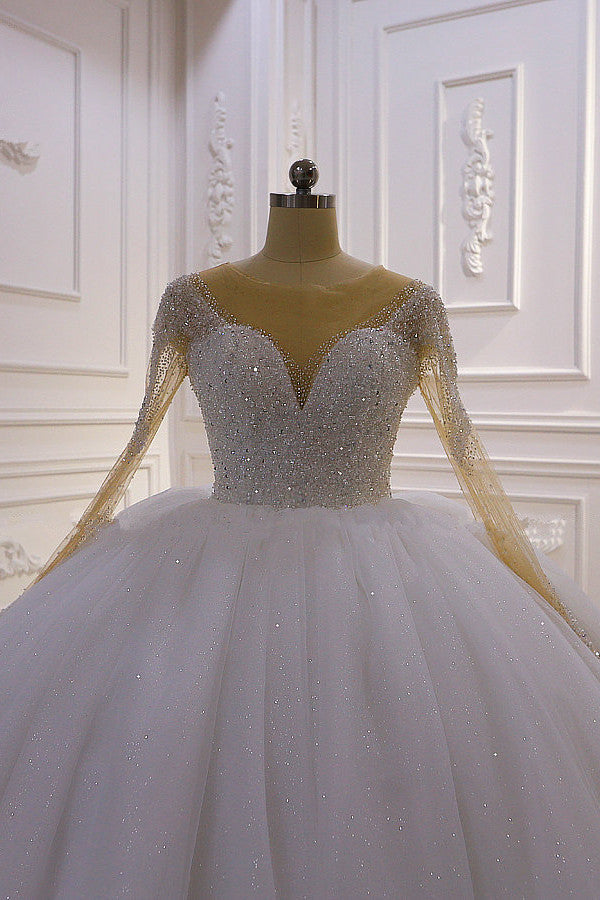 Sparkly Jewel Sequined Long Sleevess Princess Wedding Dress-Ballbella