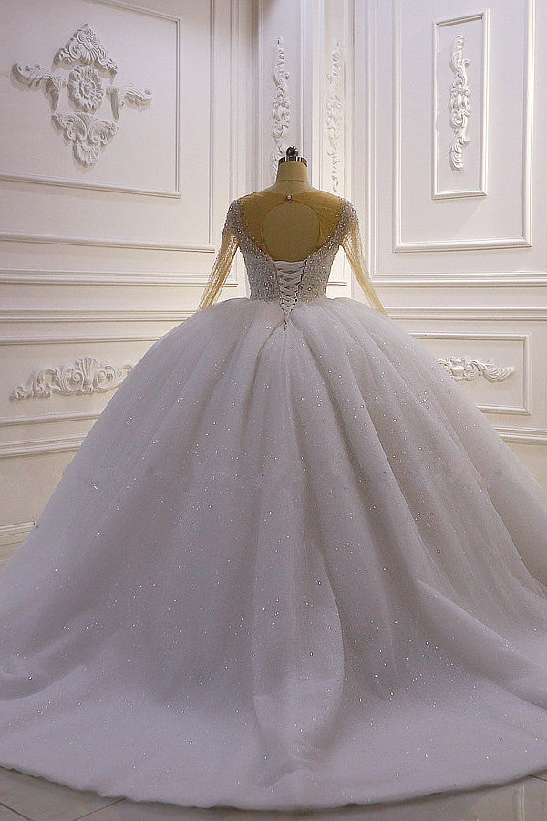 Sparkly Jewel Sequined Long Sleevess Princess Wedding Dress-Ballbella