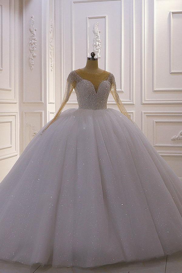 Sparkly Jewel Sequined Long Sleevess Princess Wedding Dress-Ballbella