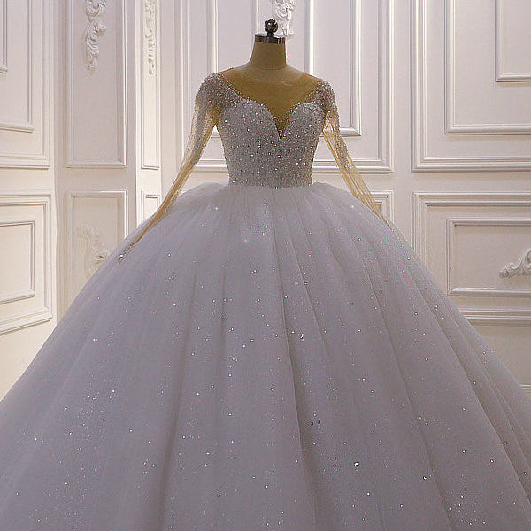 Sparkly Jewel Sequined Long Sleevess Princess Wedding Dress