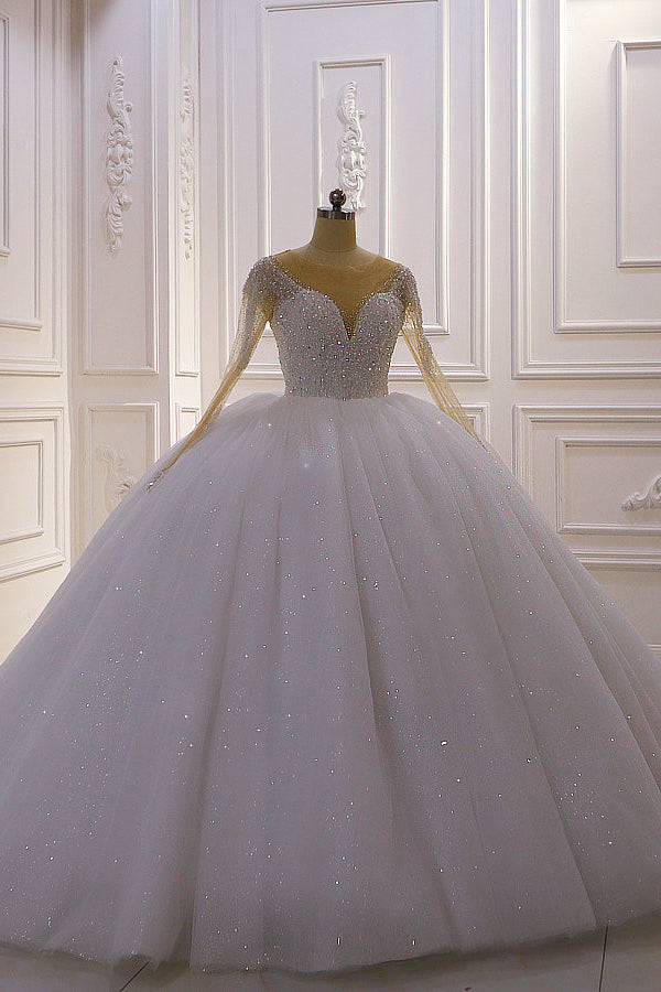 Sparkly Jewel Sequined Long Sleevess Princess Wedding Dress-Ballbella