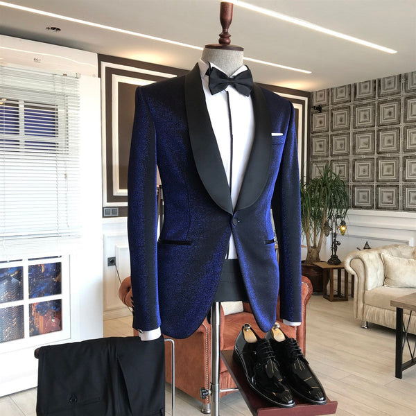 Sparkly Navy Blue Shawl Lapel Wedding Suits with Black Lapel-Ballbella