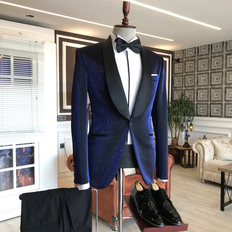Sparkly Navy Blue Shawl Lapel Wedding Suits with Black Lapel Sparkly Navy Blue Shawl Lapel Wedding Suits with Black Lapel