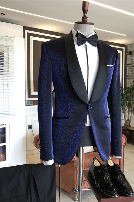 Sparkly Navy Blue Shawl Lapel Wedding Suits with Black Lapel-Ballbella