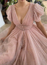 Sparkly Tulle V-Neck Tea-Length Homecoming Dresses-Ballbella