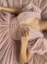 Sparkly Tulle V-Neck Tea-Length Homecoming Dresses-Ballbella