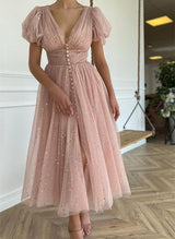 Sparkly Tulle V-Neck Tea-Length Homecoming Dresses-Ballbella