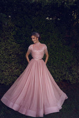 Special High Neck Tassel Beading Cap Sleeves Princess Prom Dresses Blushing Pink Evening Gowns-Ballbella