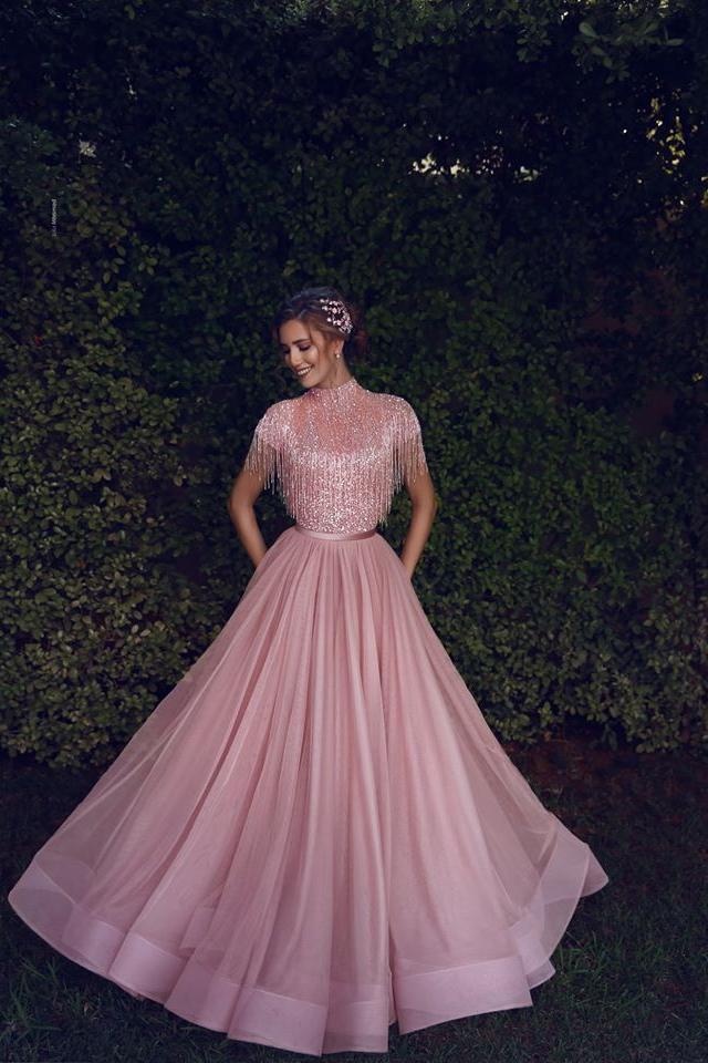 Special High Neck Tassel Beading Cap Sleeves Princess Prom Dresses Blushing Pink Evening Gowns-Ballbella