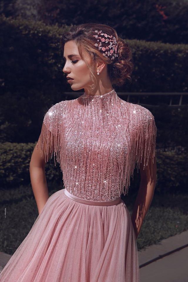Special High Neck Tassel Beading Cap Sleeves Princess Prom Dresses Blushing Pink Evening Gowns-Ballbella