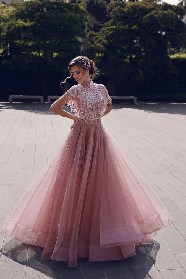 Special High Neck Tassel Beading Cap Sleeves Princess Prom Dresses Blushing Pink Evening Gowns-Ballbella