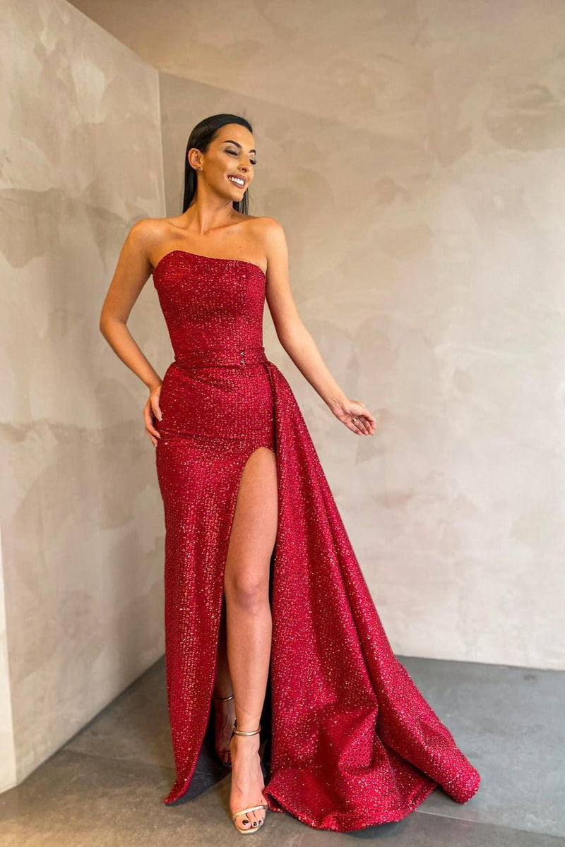 Special Strapless Sexy Front Slit Evening Dress Red Long-Ballbella