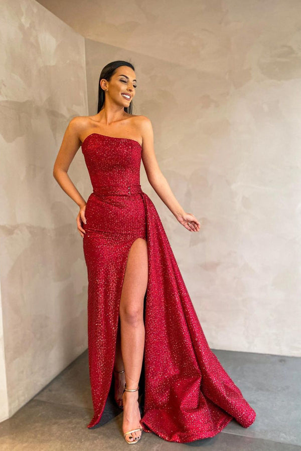 Special Strapless Sexy Front Slit Evening Dress Red Long-Ballbella