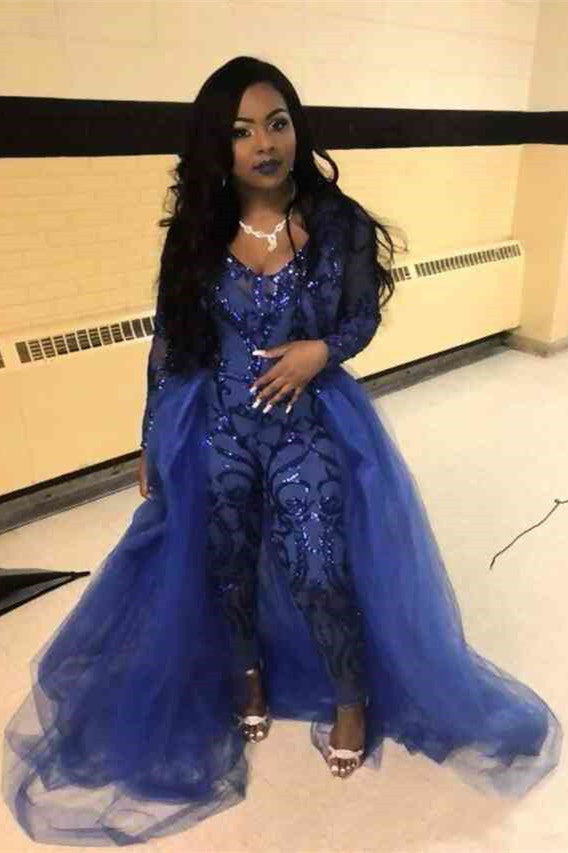Special Style Long Sleevess Scoop Jumpsuit With Detachable Tulle Skirt Royal Blue Party Gowns-Ballbella