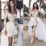 Special Two-piece Tulle Hi-lo Wedding Dress Lace Short Sexy One Shoulder With Long Sleeve On One Side-Ballbella