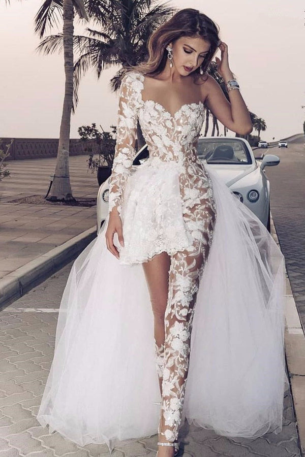Short Sleeve High Neckline Sequin Lace Wedding Dress With High Slit