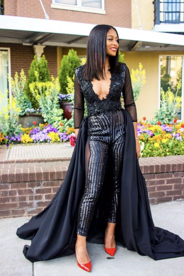 Special V-neck Long Sleevess Lace Prom dresses with Sequins Trousers Floor Length-Ballbella