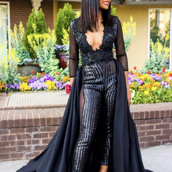 Special V-neck Long Sleevess Lace Prom dresses with Sequins Trousers F –  Ballbella