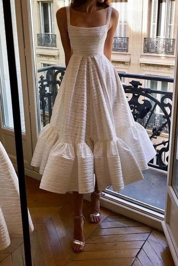 Ballbella offers Square neck White A-line Princess Sleeveless Homecoming Dress at a cheap price from Lace to A-line Tea-length hem. Gorgeous yet affordable  Prom Dresses