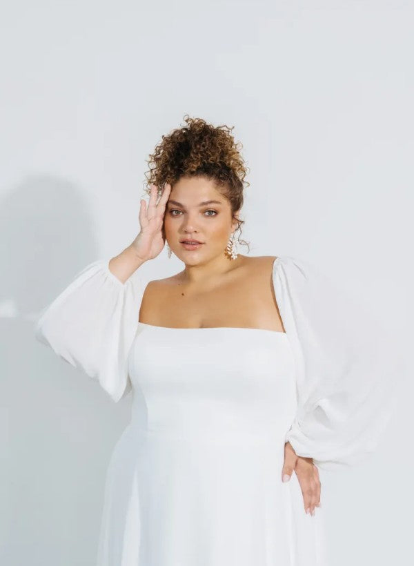 Square Neckline Chic A-line Wedding Dress Long Sleeves Chiffon Sweep Train-Ballbella
