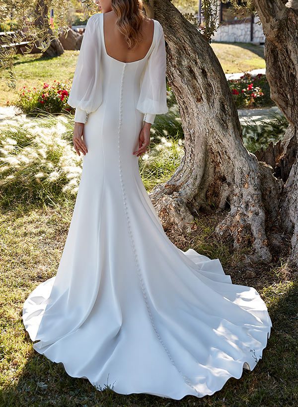 Square Neckline Long Sleeve Mermaid Fitted Wedding Dress Sweep Train-Ballbella