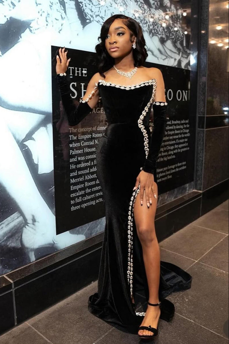 Strapless Black Long sleeves High Split Court Train Mermaid Prom Dresses-Ballbella