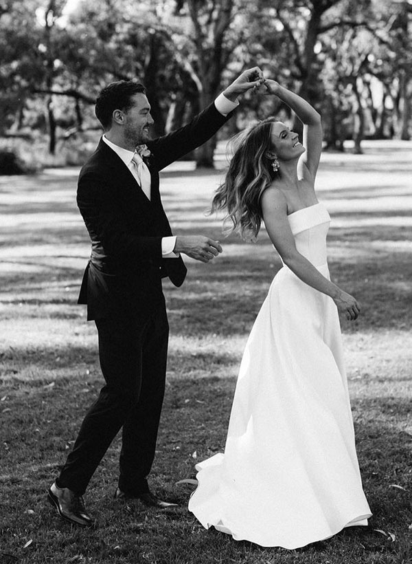 Strapless Chic A-line Satin Wedding Dress Sweep Train-Ballbella
