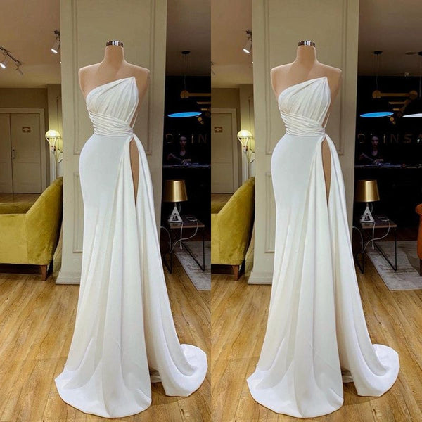 Strapless Creamy White High-split Pleated Long Prom Dress-Ballbella