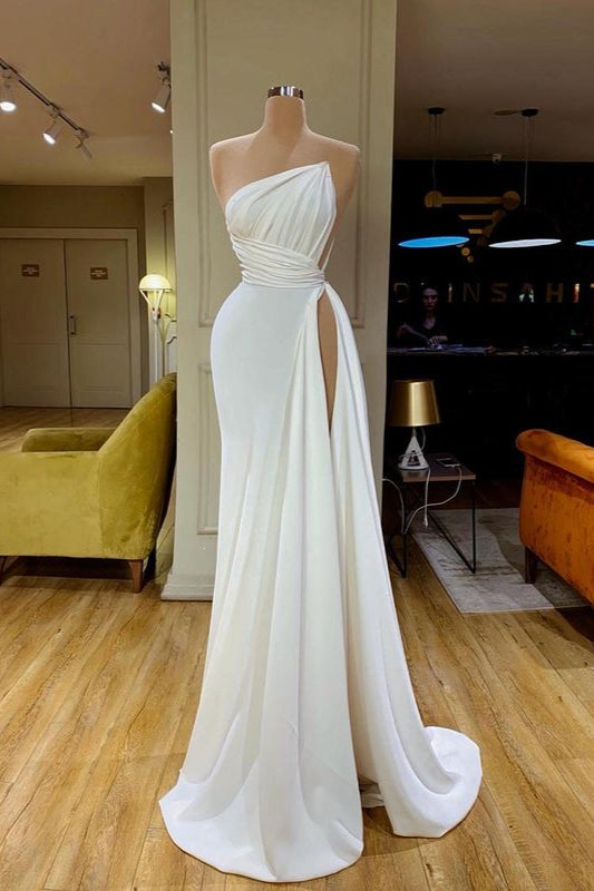 Strapless Creamy White High-split Pleated Long Prom Dress-Ballbella