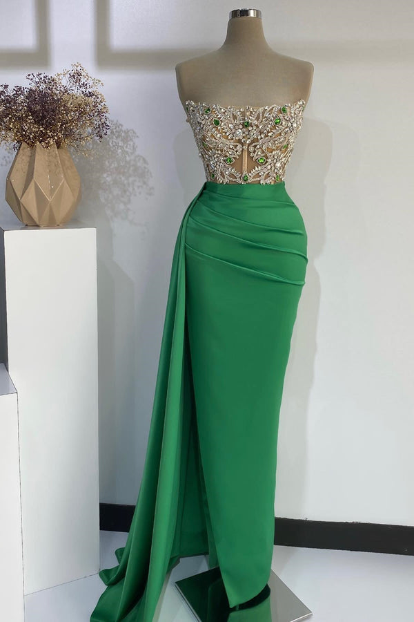 Strapless Emerald Green Mermaid Long Dress With Beads-Ballbella