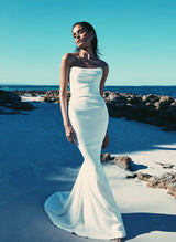 Strapless Mermaid Fitted Wedding Dresses Elastic Satin Sweep Train for Summer Beach-Ballbella