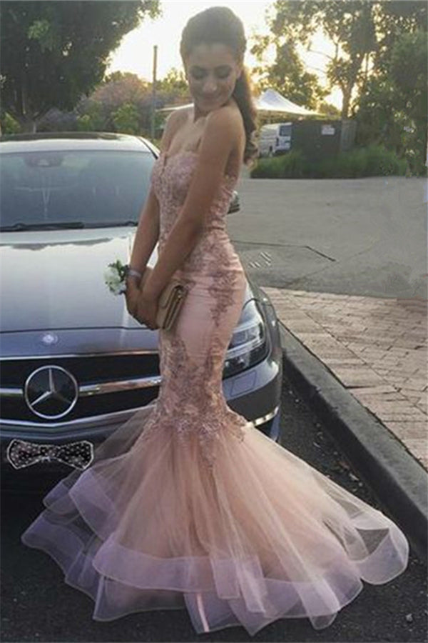 Looking for Prom Dresses, Evening Dresses in Tulle, Lace,  Mermaid style,  and Gorgeous Appliques work? Ballbella has all covered on this elegant Strapless Mermaid Lace Appliques Ruffled Tulle Pink Prom Dresses.