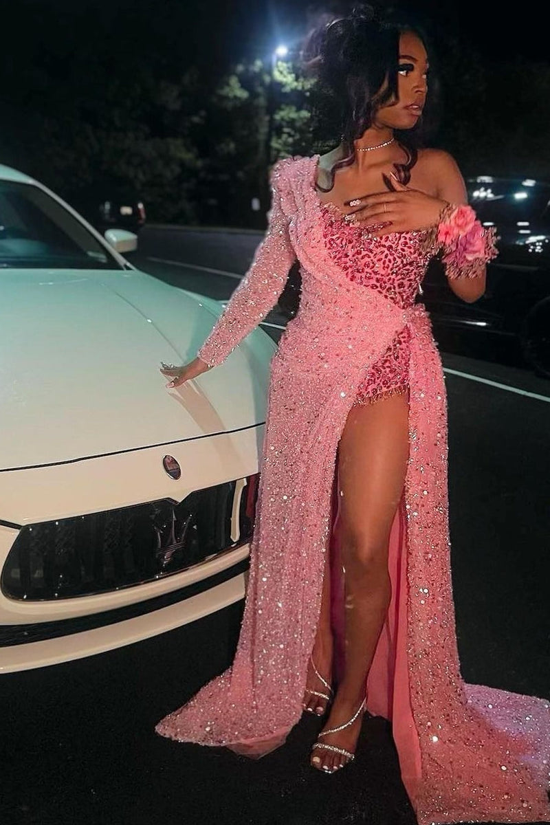 one shoulder sequin dress Strapless One Shoulder Sequins Chapel Train Front Side Prom Dress