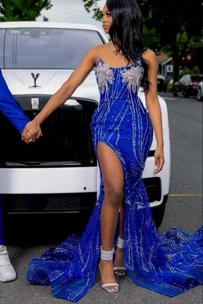 Strapless Royal Blue Silver Beaded Mermaid High Split Prom Dresses Strapless Royal Blue Silver Beaded Mermaid High Split Prom Dresses