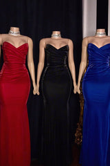 Strapless Ruffled V-neck Mermaid Floor Length Prom Dresses-Ballbella