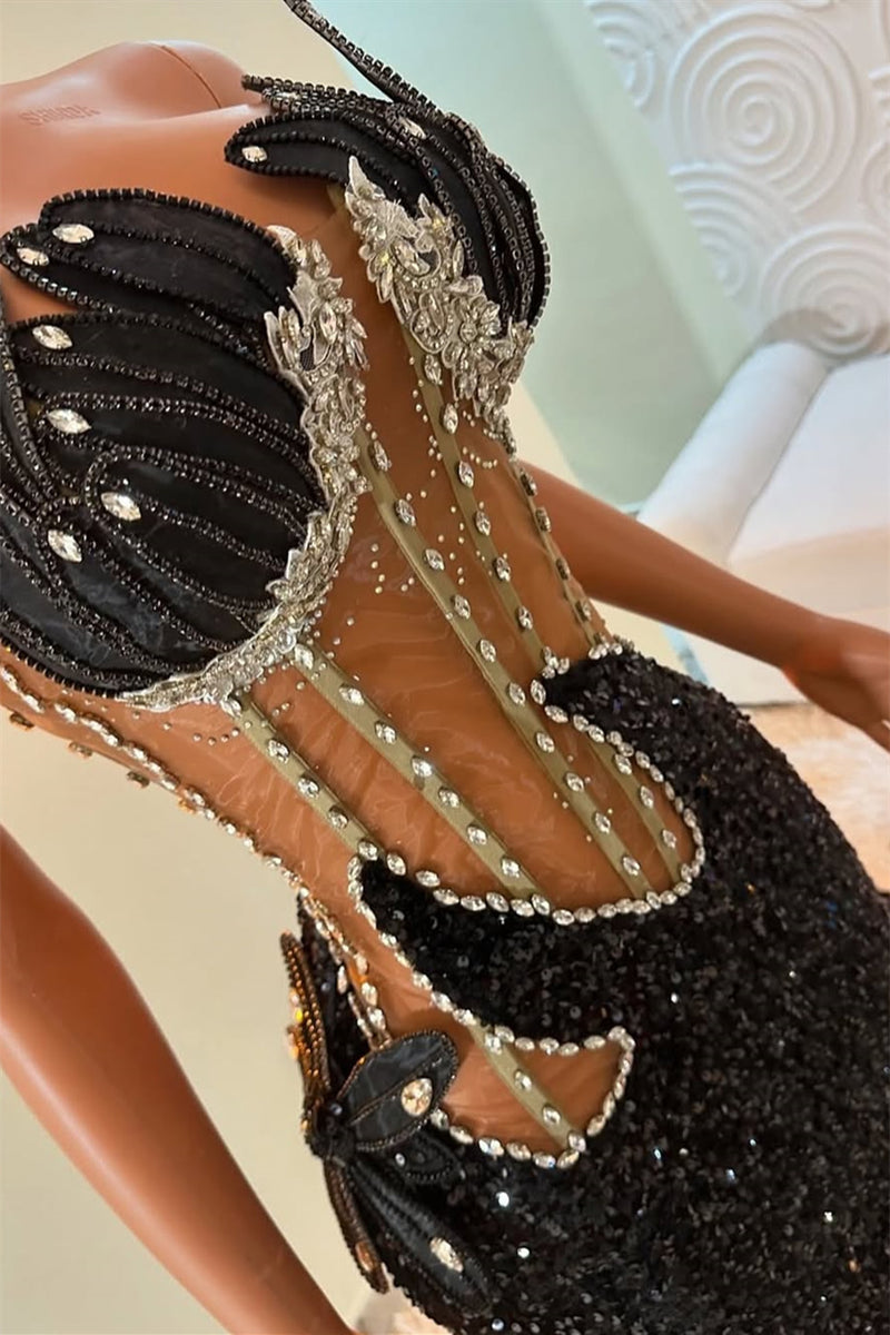 Strapless Silver Beaded Black See through Mermaid Sequin Prom Dresses