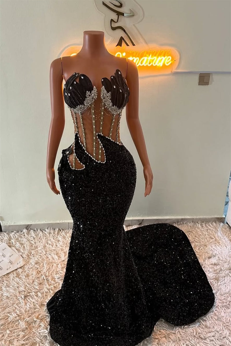 Strapless Silver Beaded Black See through Mermaid Sequin Prom Dresses Ballbella Strapless Silver Beaded Black See through Mermaid Sequin Prom Dresses Ballbella