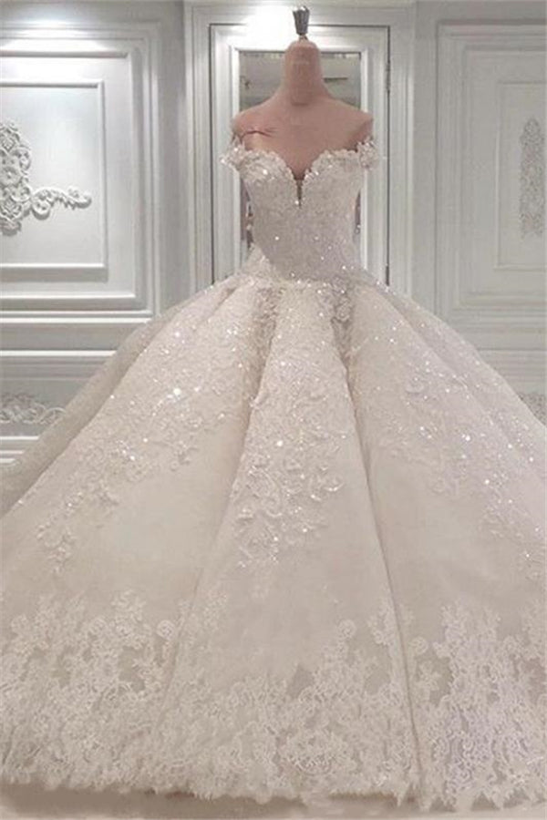 Strapless Sparkle Luxurious Train See through Ball Gown Wedding Dress-Ballbella
