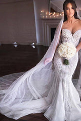 Strapless Sweetheart Beads Mermaid Wedding Dresses Appliques Tulle Bridal Gowns-Ballbella