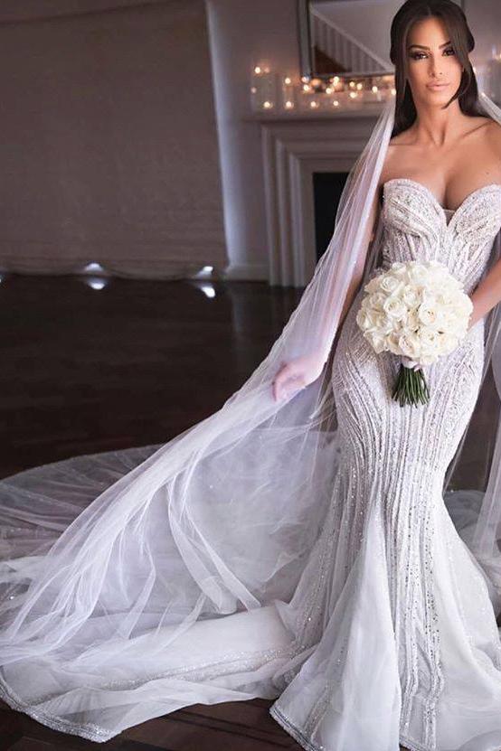 Strapless Sweetheart Beads Mermaid Wedding Dresses Appliques Tulle Bridal Gowns-Ballbella