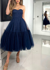 Strapless Tulle A-Line Tea-Length Blue Homecoming Dresses-Ballbella